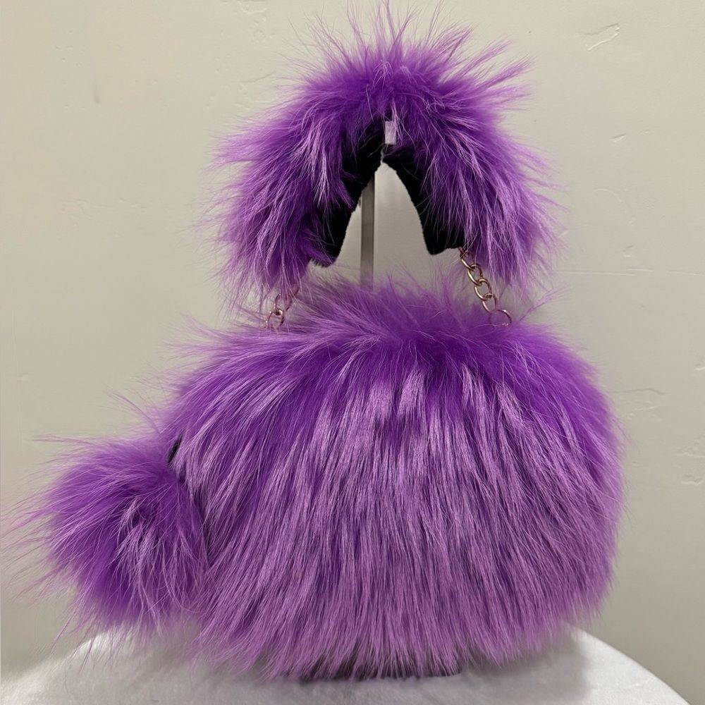Lilac Handmade Dyed Finn Raccoon Fur Camera Bag/Crossbody & Fur Pompom Charm
